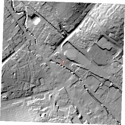 Shaded relief map of the ground around CB90ES, computed from Environment Agency LiDAR. The ground here sits at about 66 m above sea level and falls 33 m across the surrounding 800 m. Surface water reaching this point runs off ground lying to the north-east, 32.0 m higher.