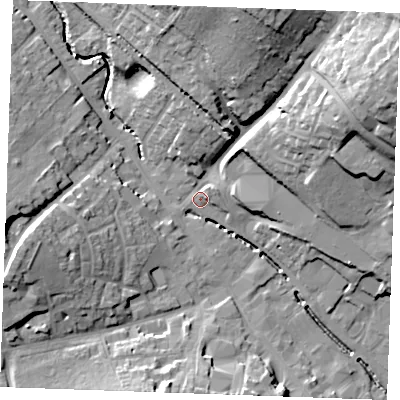 Shaded relief map of the ground around CB90EU, computed from Environment Agency LiDAR. The ground here sits at about 66 m above sea level and falls 31 m across the surrounding 800 m. Surface water reaching this point runs off ground lying to the north-east, 26.9 m higher.