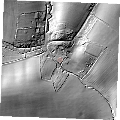 Shaded relief map of the ground around CB97AL, computed from Environment Agency LiDAR. The ground here sits at about 87 m above sea level and falls 27 m across the surrounding 800 m. Surface water reaching this point runs off ground lying to the west-south-west, 22.3 m higher.