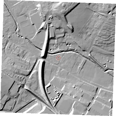 Shaded relief map of the ground around CB97AZ, computed from Environment Agency LiDAR. The ground here sits at about 62 m above sea level and falls 24 m across the surrounding 800 m. Surface water reaching this point runs off ground lying to the south, 20.9 m higher.