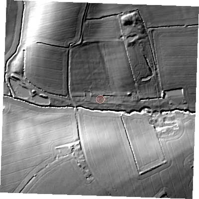 Shaded relief map of the ground around CB97BL, computed from Environment Agency LiDAR. The ground here sits at about 67 m above sea level and falls 26 m across the surrounding 800 m. Surface water reaching this point runs off ground lying to the north-north-west, 20.0 m higher.