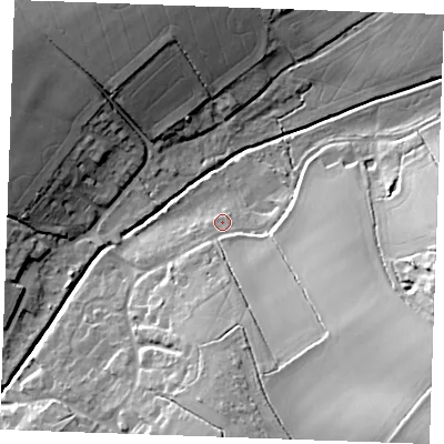 Shaded relief map of the ground around CB97BN, computed from Environment Agency LiDAR. The ground here sits at about 62 m above sea level and falls 33 m across the surrounding 800 m. Surface water reaching this point runs off ground lying to the south-east, 29.2 m higher.