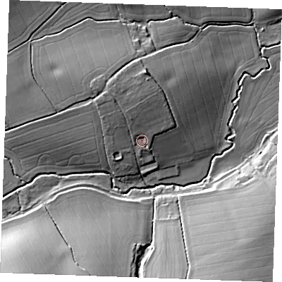 Shaded relief map of the ground around CB97BP, computed from Environment Agency LiDAR. The ground here sits at about 62 m above sea level and falls 22 m across the surrounding 800 m. Surface water reaching this point runs off ground lying to the north-west, 5.3 m higher.