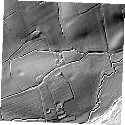 Shaded relief map of the ground around CB97BS, computed from Environment Agency LiDAR. The ground here sits at about 62 m above sea level and falls 22 m across the surrounding 800 m. Surface water reaching this point runs off ground lying to the south-west, 6.6 m higher.