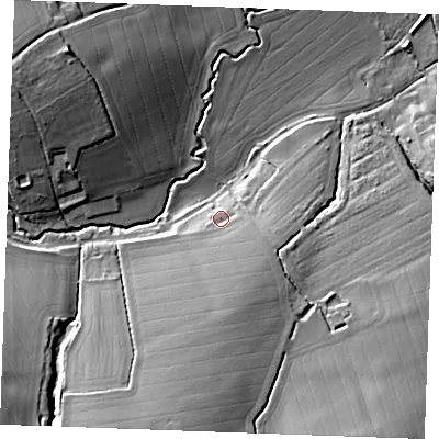 Shaded relief map of the ground around CB97BW, computed from Environment Agency LiDAR. The ground here sits at about 61 m above sea level and falls 29 m across the surrounding 800 m. Surface water reaching this point runs off ground lying to the south-south-east, 13.8 m higher.