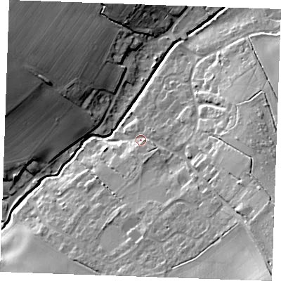 Shaded relief map of the ground around CB97DG, computed from Environment Agency LiDAR. The ground here sits at about 65 m above sea level and falls 30 m across the surrounding 800 m. Surface water reaching this point runs off ground lying to the south-east, 23.8 m higher.