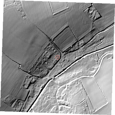 Shaded relief map of the ground around CB97DN, computed from Environment Agency LiDAR. The ground here sits at about 63 m above sea level and falls 24 m across the surrounding 800 m. Surface water reaching this point runs off ground lying to the north-west, 19.8 m higher.