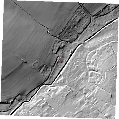 Shaded relief map of the ground around CB97DP, computed from Environment Agency LiDAR. The ground here sits at about 63 m above sea level and falls 25 m across the surrounding 800 m. Surface water reaching this point runs off ground lying to the south-west, 2.3 m higher.