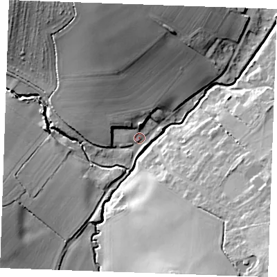 Shaded relief map of the ground around CB97DS, computed from Environment Agency LiDAR. The ground here sits at about 63 m above sea level and falls 25 m across the surrounding 800 m. Surface water reaching this point runs off ground lying to the north-north-west, 22.6 m higher.