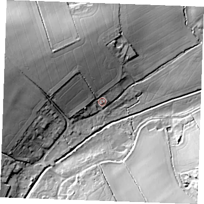 Shaded relief map of the ground around CB97DW, computed from Environment Agency LiDAR. The ground here sits at about 63 m above sea level and falls 24 m across the surrounding 800 m. Surface water reaching this point runs off ground lying to the north-west, 13.8 m higher.