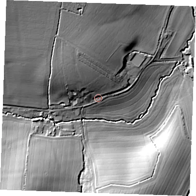 Shaded relief map of the ground around CB97DY, computed from Environment Agency LiDAR. The ground here sits at about 72 m above sea level and falls 24 m across the surrounding 800 m. Surface water reaching this point runs off ground lying to the north-north-west, 9.9 m higher.