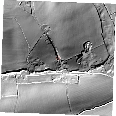 Shaded relief map of the ground around CB97HG, computed from Environment Agency LiDAR. The ground here sits at about 71 m above sea level and falls 32 m across the surrounding 800 m. Surface water reaching this point runs off ground lying to the north-west, 20.5 m higher.