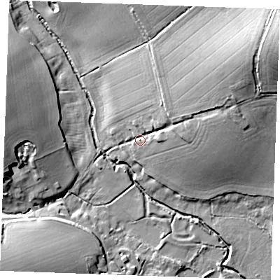 Shaded relief map of the ground around CB97HQ, computed from Environment Agency LiDAR. The ground here sits at about 65 m above sea level and falls 28 m across the surrounding 800 m. Surface water reaching this point runs off ground lying to the north-east, 19.0 m higher.