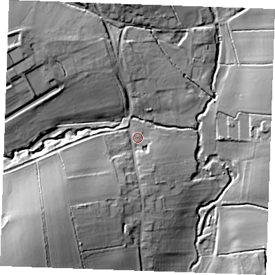 Shaded relief map of the ground around CB97HX, computed from Environment Agency LiDAR. The ground here sits at about 72 m above sea level and falls 29 m across the surrounding 800 m. Surface water reaching this point runs off ground lying to the south-west, 13.4 m higher.