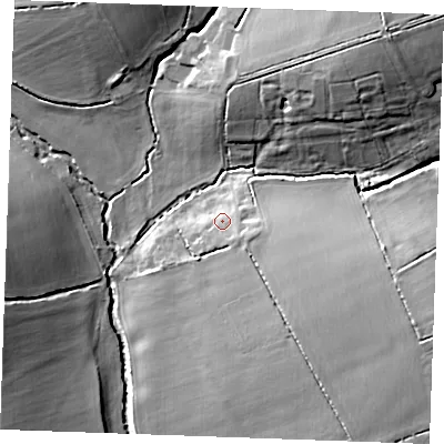 Shaded relief map of the ground around CB97JD, computed from Environment Agency LiDAR. The ground here sits at about 76 m above sea level and falls 20 m across the surrounding 800 m. Surface water reaching this point runs off ground lying to the east-south-east, 4.9 m higher.