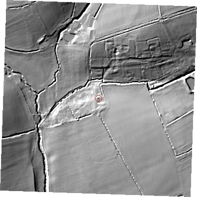 Shaded relief map of the ground around CB97JG, computed from Environment Agency LiDAR. The ground here sits at about 77 m above sea level and falls 21 m across the surrounding 800 m. Surface water reaching this point runs off ground lying to the south-south-east, 3.8 m higher.