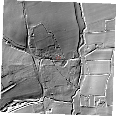 Shaded relief map of the ground around CB97JQ, computed from Environment Agency LiDAR. The ground here sits at about 73 m above sea level and falls 23 m across the surrounding 800 m. Surface water reaching this point runs off ground lying to the north-west, 15.1 m higher.