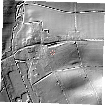 Shaded relief map of the ground around CB97LF, computed from Environment Agency LiDAR. The ground here sits at about 76 m above sea level and falls 30 m across the surrounding 800 m. Surface water reaching this point runs off ground lying to the east-north-east, 11.5 m higher.