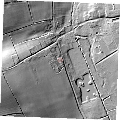 Shaded relief map of the ground around CB97LJ, computed from Environment Agency LiDAR. The ground here sits at about 72 m above sea level and falls 34 m across the surrounding 800 m. Surface water reaching this point runs off ground lying to the west, 8.4 m higher.
