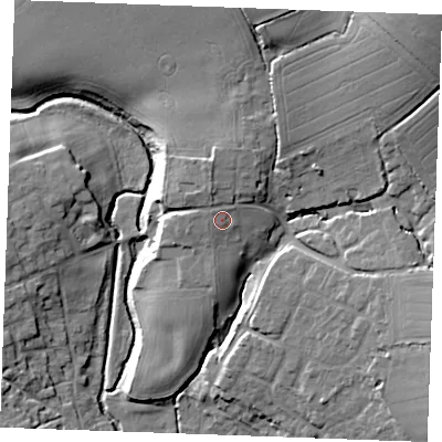 Shaded relief map of the ground around CB97NN, computed from Environment Agency LiDAR. The ground here sits at about 67 m above sea level and falls 27 m across the surrounding 800 m. Surface water reaching this point runs off ground lying to the north-north-west, 1.3 m higher.