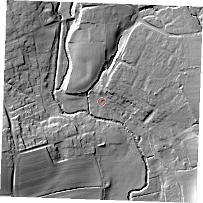 Shaded relief map of the ground around CB97QG, computed from Environment Agency LiDAR. The ground here sits at about 57 m above sea level and falls 26 m across the surrounding 800 m. Surface water reaching this point runs off ground lying to the north-east, 6.6 m higher.