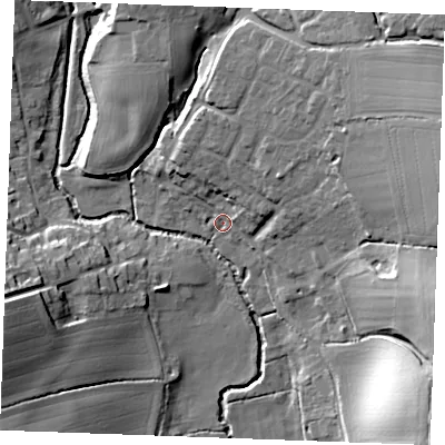 Shaded relief map of the ground around CB97QL, computed from Environment Agency LiDAR. The ground here sits at about 58 m above sea level and falls 27 m across the surrounding 800 m. Surface water reaching this point runs off ground lying to the north-north-east, 6.0 m higher.