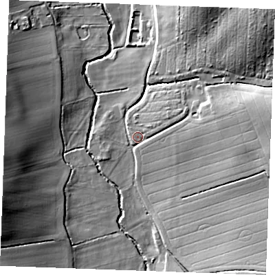 Shaded relief map of the ground around CB97QN, computed from Environment Agency LiDAR. The ground here sits at about 57 m above sea level and falls 34 m across the surrounding 800 m. Surface water reaching this point runs off ground lying to the east-north-east, 20.3 m higher.