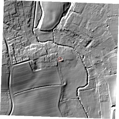 Shaded relief map of the ground around CB97QQ, computed from Environment Agency LiDAR. The ground here sits at about 59 m above sea level and falls 27 m across the surrounding 800 m. Surface water reaching this point runs off ground lying to the west, 6.6 m higher.