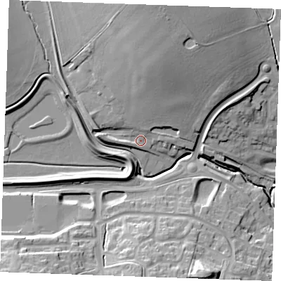 Shaded relief map of the ground around CB97RR, computed from Environment Agency LiDAR. The ground here sits at about 75 m above sea level and falls 29 m across the surrounding 800 m. Surface water reaching this point runs off ground lying to the north-north-east, 18.9 m higher.