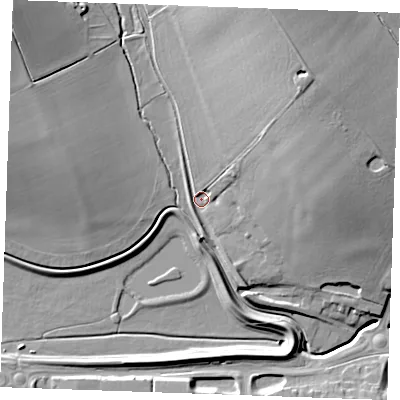 Shaded relief map of the ground around CB97RT, computed from Environment Agency LiDAR. The ground here sits at about 76 m above sea level and falls 29 m across the surrounding 800 m. Surface water reaching this point runs off ground lying to the north-north-east, 22.5 m higher.
