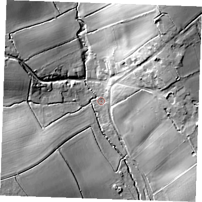 Shaded relief map of the ground around CB97RU, computed from Environment Agency LiDAR. The ground here sits at about 84 m above sea level and falls 29 m across the surrounding 800 m. Surface water reaching this point runs off ground lying to the north-north-east, 25.3 m higher.