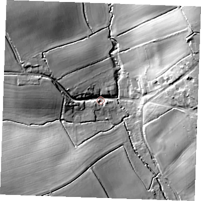 Shaded relief map of the ground around CB97SG, computed from Environment Agency LiDAR. The ground here sits at about 85 m above sea level and falls 29 m across the surrounding 800 m. Surface water reaching this point runs off ground lying to the north-west, 22.4 m higher.