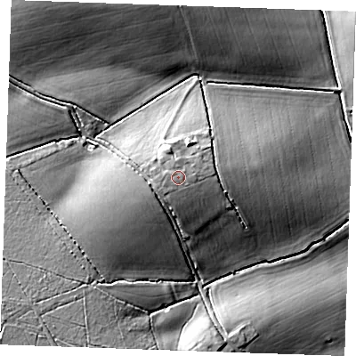 Shaded relief map of the ground around CB97SJ, computed from Environment Agency LiDAR. The ground here sits at about 112 m above sea level and falls 24 m across the surrounding 800 m. Surface water reaching this point runs off ground lying to the south-west, 1.1 m higher.