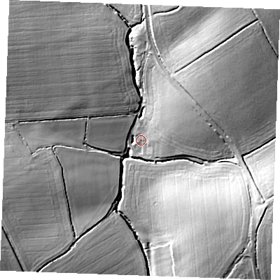 Shaded relief map of the ground around CB97TQ, computed from Environment Agency LiDAR. The ground here sits at about 81 m above sea level and falls 27 m across the surrounding 800 m. Surface water reaching this point runs off ground lying to the north-east, 23.8 m higher.