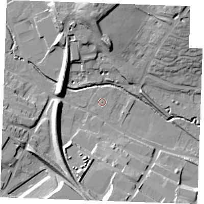 Shaded relief map of the ground around CB97UT, computed from Environment Agency LiDAR. The ground here sits at about 62 m above sea level and falls 25 m across the surrounding 800 m. Surface water reaching this point runs off ground lying to the south, 0.7 m higher.