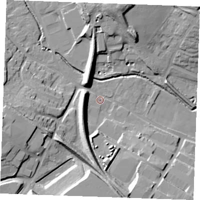 Shaded relief map of the ground around CB97UU, computed from Environment Agency LiDAR. The ground here sits at about 63 m above sea level and falls 25 m across the surrounding 800 m. Surface water reaching this point runs off ground lying to the south, 23.8 m higher.