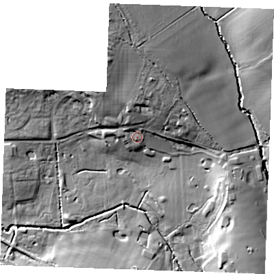 Shaded relief map of the ground around CB97UW, computed from Environment Agency LiDAR. The ground here sits at about 65 m above sea level and falls 29 m across the surrounding 800 m. Surface water reaching this point runs off ground lying to the north-north-east, 14.5 m higher.