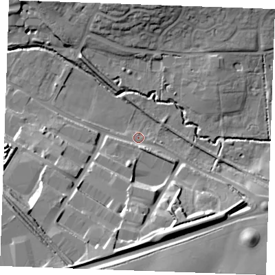 Shaded relief map of the ground around CB97UX, computed from Environment Agency LiDAR. The ground here sits at about 61 m above sea level and falls 29 m across the surrounding 800 m. Surface water reaching this point runs off ground lying to the south, 27.0 m higher.