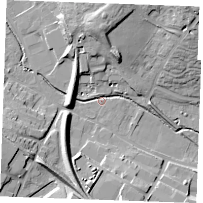 Shaded relief map of the ground around CB97WJ, computed from Environment Agency LiDAR. The ground here sits at about 62 m above sea level and falls 25 m across the surrounding 800 m. Surface water reaching this point runs off ground lying to the north, 20.6 m higher.