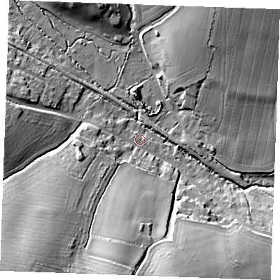 Shaded relief map of the ground around CB97XF, computed from Environment Agency LiDAR. The ground here sits at about 56 m above sea level and falls 28 m across the surrounding 800 m. Surface water reaching this point runs off ground lying to the south-west, 26.9 m higher.