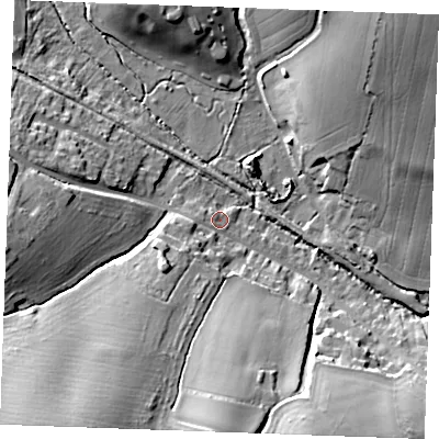 Shaded relief map of the ground around CB97XG, computed from Environment Agency LiDAR. The ground here sits at about 57 m above sea level and falls 26 m across the surrounding 800 m. Surface water reaching this point runs off ground lying to the south-south-west, 25.5 m higher.