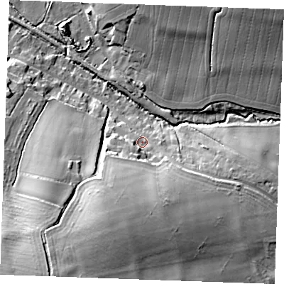 Shaded relief map of the ground around CB97XH, computed from Environment Agency LiDAR. The ground here sits at about 60 m above sea level and falls 32 m across the surrounding 800 m. Surface water reaching this point runs off ground lying to the south-south-west, 23.1 m higher.