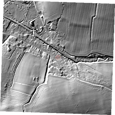 Shaded relief map of the ground around CB97XJ, computed from Environment Agency LiDAR. The ground here sits at about 56 m above sea level and falls 29 m across the surrounding 800 m. Surface water reaching this point runs off ground lying to the south-south-west, 24.6 m higher.
