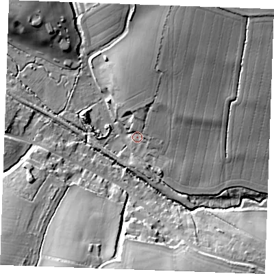 Shaded relief map of the ground around CB97XR, computed from Environment Agency LiDAR. The ground here sits at about 58 m above sea level and falls 23 m across the surrounding 800 m. Surface water reaching this point runs off ground lying to the north-north-east, 14.4 m higher.