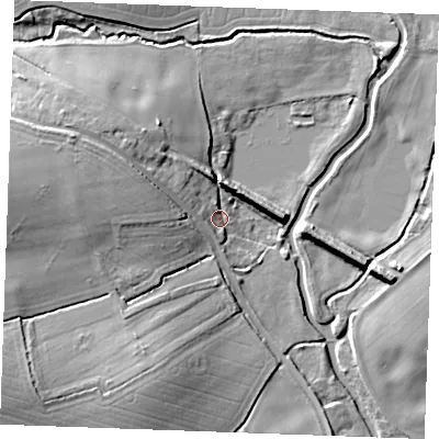 Shaded relief map of the ground around CB97XW, computed from Environment Agency LiDAR. The ground here sits at about 54 m above sea level and falls 22 m across the surrounding 800 m. Surface water reaching this point runs off ground lying to the west, 3.5 m higher.