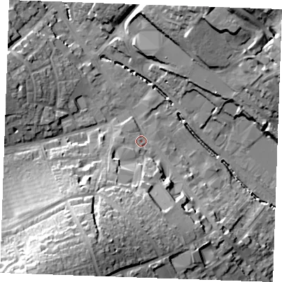Shaded relief map of the ground around CB98AA, computed from Environment Agency LiDAR. The ground here sits at about 67 m above sea level and falls 33 m across the surrounding 800 m. Surface water reaching this point runs off ground lying to the south-south-west, 23.3 m higher.
