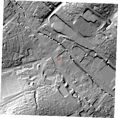 Shaded relief map of the ground around CB98AB, computed from Environment Agency LiDAR. The ground here sits at about 66 m above sea level and falls 30 m across the surrounding 800 m. Surface water reaching this point runs off ground lying to the south, 2.0 m higher.
