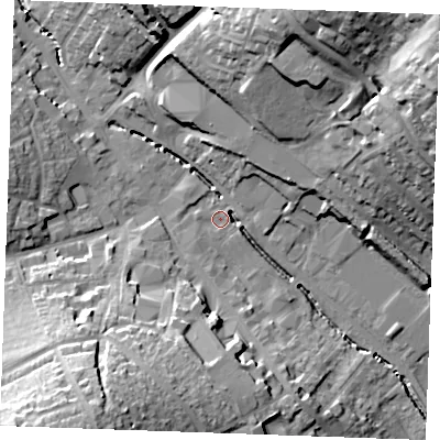 Shaded relief map of the ground around CB98AG, computed from Environment Agency LiDAR. The ground here sits at about 65 m above sea level and falls 32 m across the surrounding 800 m. Surface water reaching this point runs off ground lying to the south-west, 28.6 m higher.