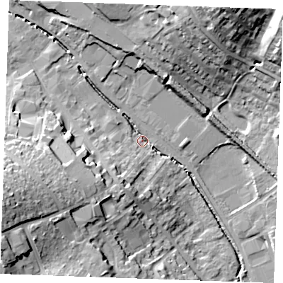 Shaded relief map of the ground around CB98DZ, computed from Environment Agency LiDAR. The ground here sits at about 64 m above sea level and falls 28 m across the surrounding 800 m. Surface water reaching this point runs off ground lying to the west-south-west, 27.4 m higher.