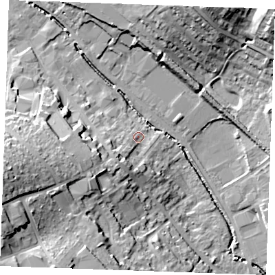 Shaded relief map of the ground around CB98EA, computed from Environment Agency LiDAR. The ground here sits at about 66 m above sea level and falls 29 m across the surrounding 800 m. Surface water reaching this point runs off ground lying to the south-west, 6.8 m higher.